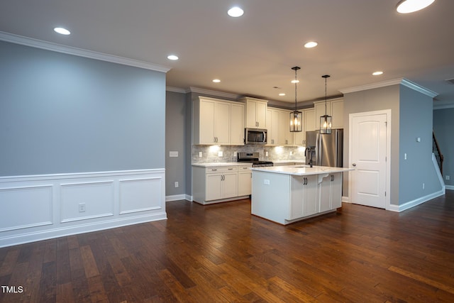 1007 Fairhaven Dr, Mebane, NC 27302 - kitchen featuring stainless steel appliances, backsplash, ornamental molding, and dark wood-style flooring