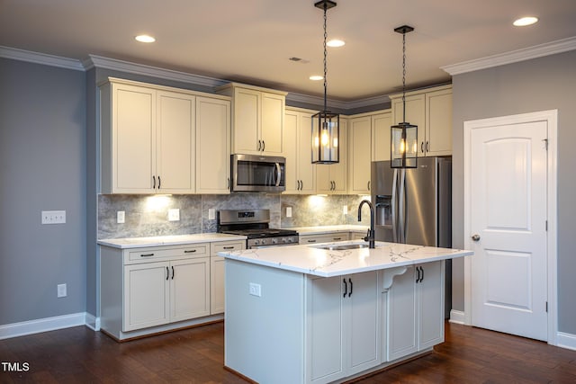 1007 Fairhaven Dr, Mebane, NC 27302 - kitchen with dark wood finished floors, stainless steel appliances, a sink, baseboards, and decorative backsplash