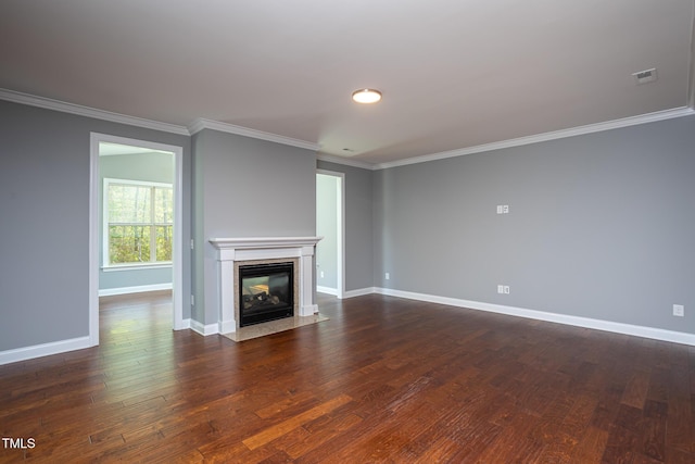 1007 Fairhaven Dr, Mebane, NC 27302 - unfurnished living room with a premium fireplace, baseboards, dark wood-type flooring, and ornamental molding