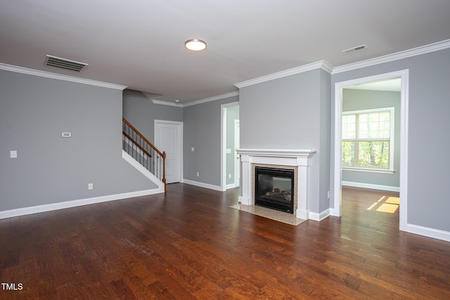 1007 Fairhaven Dr, Mebane, NC 27302 - unfurnished living room with baseboards, ornamental molding, stairs, and visible vents