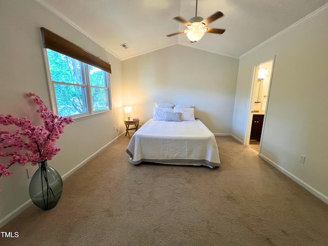 127 Long Shadow Pl, Durham, NC 27713 - bedroom featuring ornamental molding, baseboards, vaulted ceiling, carpet, and ceiling fan