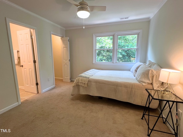 127 Long Shadow Pl, Durham, NC 27713 - carpeted bedroom featuring ornamental molding, baseboards, a ceiling fan, and ensuite bath