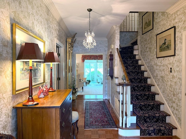 8 Greenside Ct, Durham, NC 27707 - entrance foyer with wallpapered walls, stairway, crown molding, and a chandelier