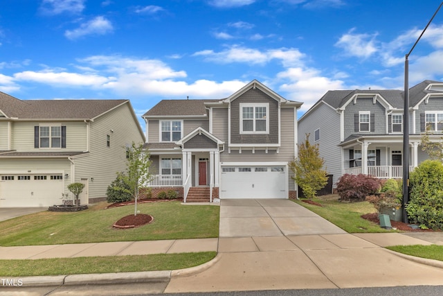 view of front of house with a garage, covered porch, a front lawn, and concrete driveway