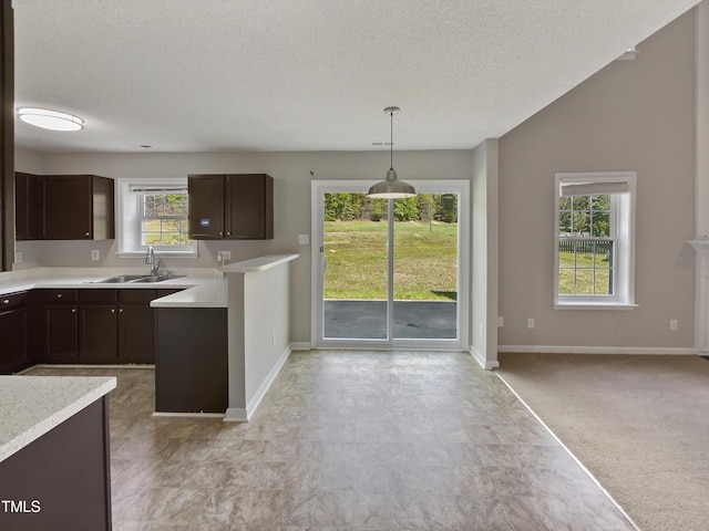 10 Sandy Bluff Ct, Durham, NC 27703 - kitchen featuring hanging light fixtures, a sink, a textured ceiling, dark brown cabinetry, and light countertops