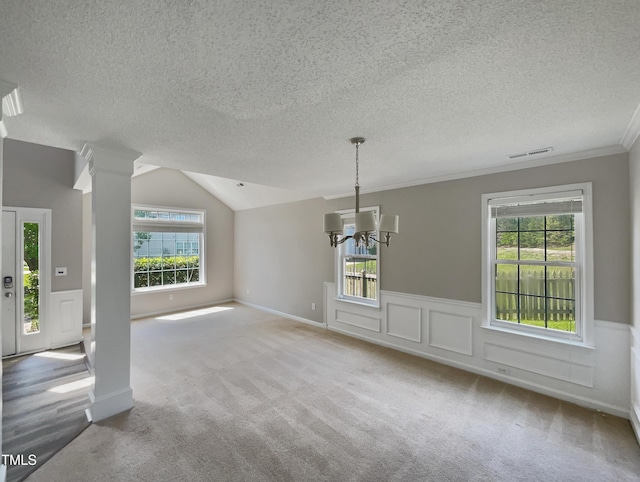 10 Sandy Bluff Ct, Durham, NC 27703 - unfurnished dining area with visible vents, an inviting chandelier, a textured ceiling, and a healthy amount of sunlight