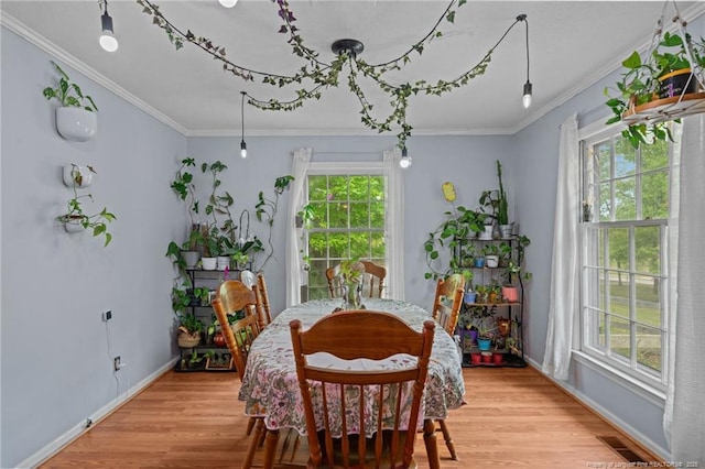 dining room featuring plenty of natural light, ornamental molding, light wood-type flooring, and baseboards