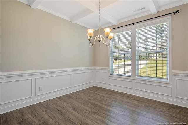 99 Wildlife Bridge Ct, Spring Lake, NC 28390 - spare room featuring dark wood-style flooring, a chandelier, beam ceiling, and coffered ceiling