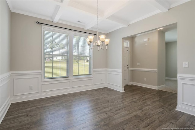99 Wildlife Bridge Ct, Spring Lake, NC 28390 - unfurnished dining area featuring beam ceiling, an inviting chandelier, a healthy amount of sunlight, and coffered ceiling