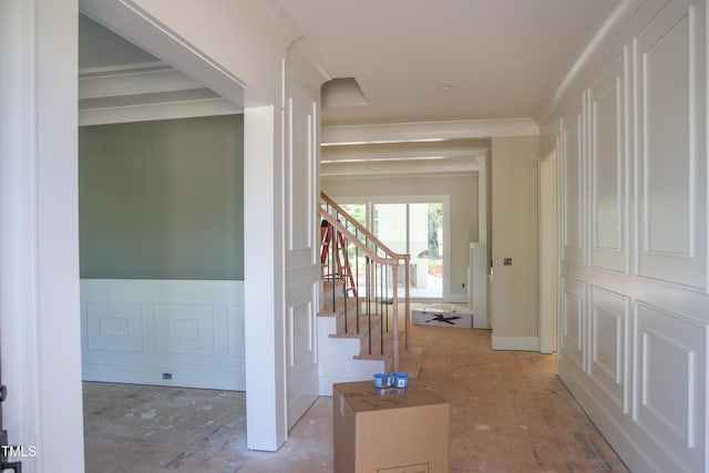 7301 Wexford Woods Ln, Wake Forest, NC 27587 - hall featuring stairway and ornamental molding