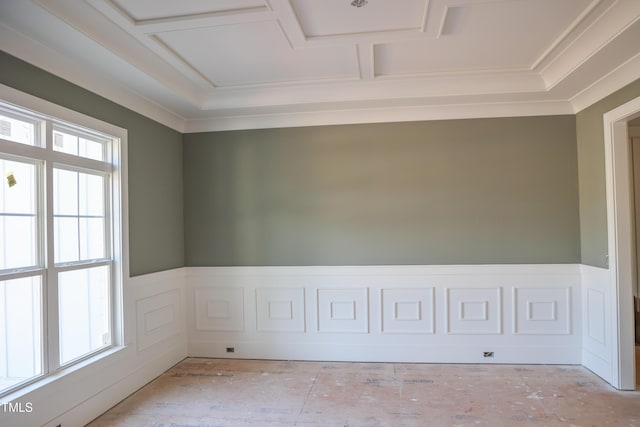 7301 Wexford Woods Ln, Wake Forest, NC 27587 - spare room featuring wainscoting, ornamental molding, a decorative wall, and coffered ceiling