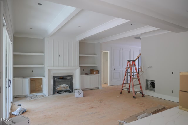 7301 Wexford Woods Ln, Wake Forest, NC 27587 - unfurnished living room featuring a fireplace, built in features, and beamed ceiling