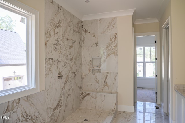 7301 Wexford Woods Ln, Wake Forest, NC 27587 - bathroom featuring crown molding, a marble finish shower, and marble tiled floors