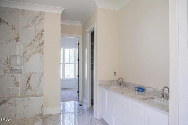 7301 Wexford Woods Ln, Wake Forest, NC 27587 - bathroom with crown molding, marble tiled floors, and double vanity