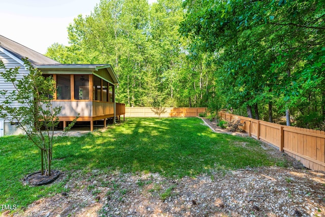 view of yard with a sunroom and a fenced backyard