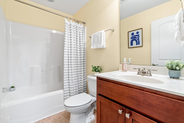 bathroom featuring toilet, shower / bath combination with curtain, tile patterned flooring, and vanity