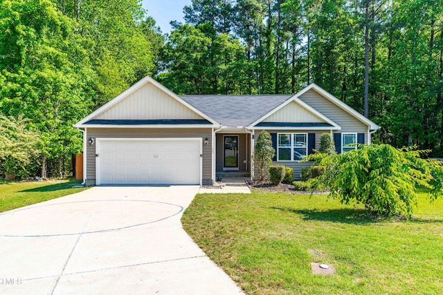 ranch-style house featuring a garage, a front lawn, a shingled roof, and concrete driveway
