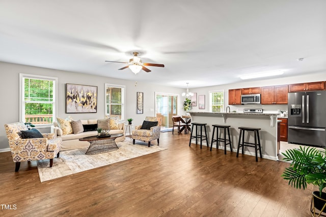 living area with ceiling fan with notable chandelier, dark wood-style floors, and a wealth of natural light