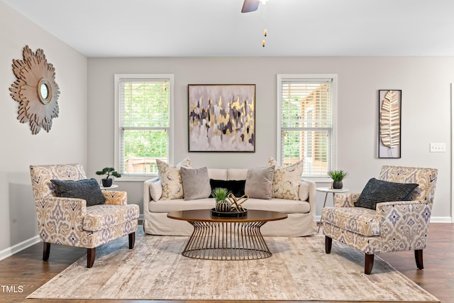 living room with baseboards, plenty of natural light, and wood finished floors