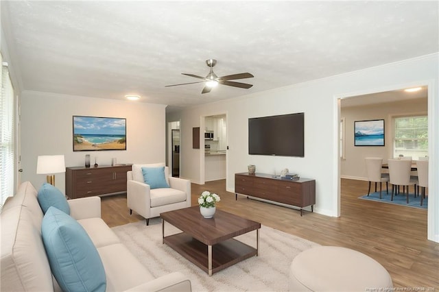 1016 Martindale Dr, Fayetteville, NC 28304 - living room featuring light wood-style flooring, crown molding, baseboards, and a ceiling fan