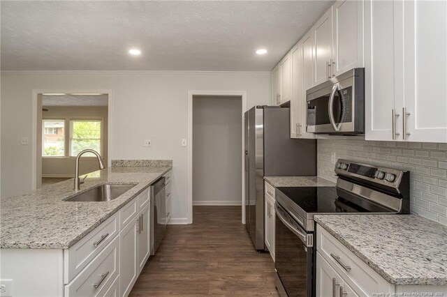 1016 Martindale Dr, Fayetteville, NC 28304 - kitchen featuring a peninsula, a sink, tasteful backsplash, dark wood-type flooring, and appliances with stainless steel finishes