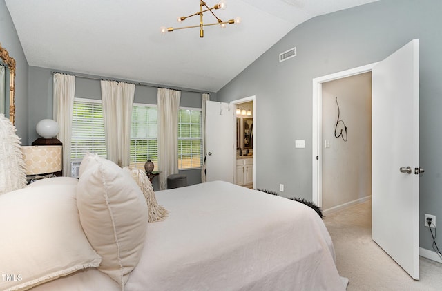 bedroom with vaulted ceiling, light carpet, baseboards, a notable chandelier, and visible vents
