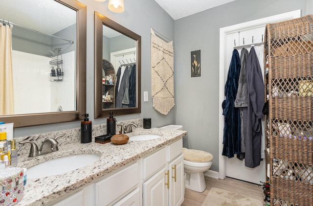 bathroom with toilet, wood finished floors, a sink, and double vanity