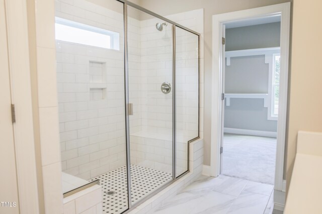 155 Diamond Creek Dr, Zebulon, NC 27597 - full bath featuring a stall shower, marble finish floor, and baseboards