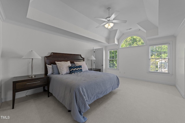 bedroom with carpet, lofted ceiling, a ceiling fan, ornamental molding, and baseboards