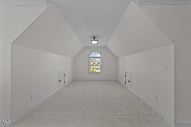 additional living space with vaulted ceiling, baseboards, and carpet floors