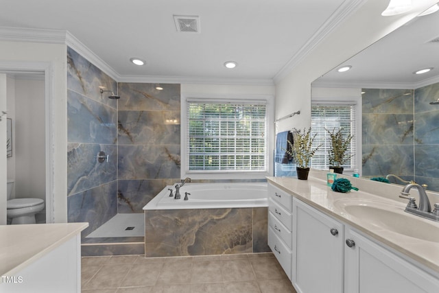 bathroom featuring a tile shower, a garden tub, vanity, and recessed lighting
