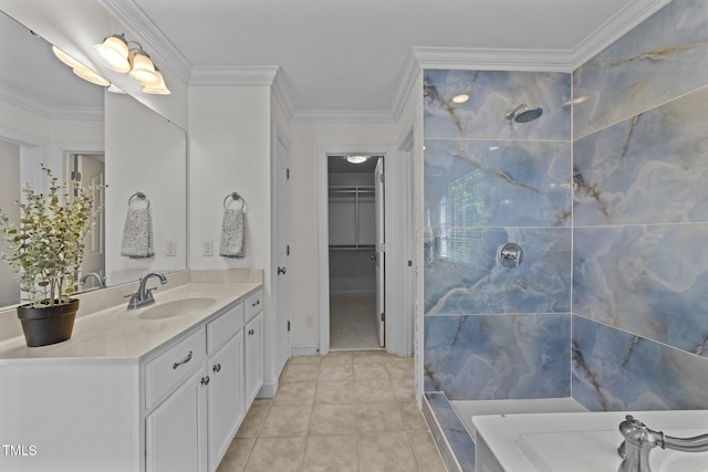 full bathroom with tile patterned flooring, vanity, a walk in closet, crown molding, and tiled shower