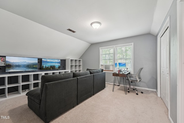 2028 Ruddy Rd, Raleigh, NC 27616 - home theater featuring visible vents, light carpet, lofted ceiling, and baseboards