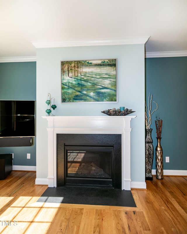 room details with crown molding, baseboards, a fireplace with flush hearth, and wood finished floors