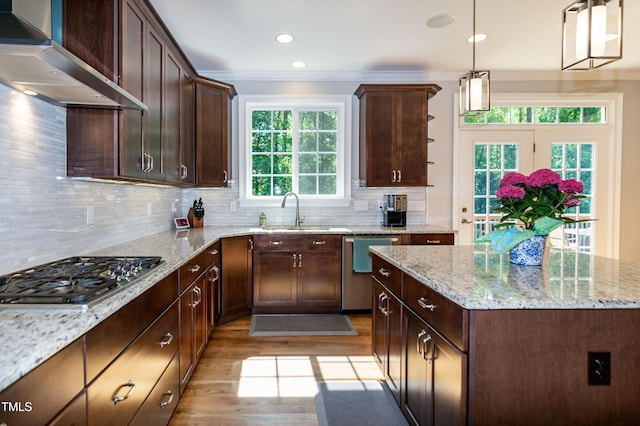 kitchen featuring a sink, plenty of natural light, light wood-style flooring, wall chimney exhaust hood, and stainless steel appliances