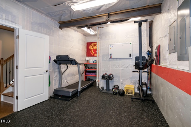 workout room featuring electric panel