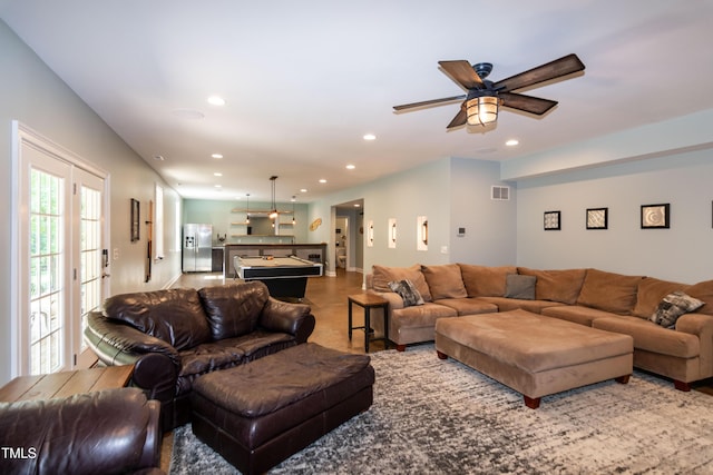 living room with recessed lighting, ceiling fan, visible vents, and billiards