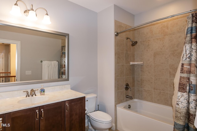 full bath with vanity, shower / bathtub combination with curtain, and toilet
