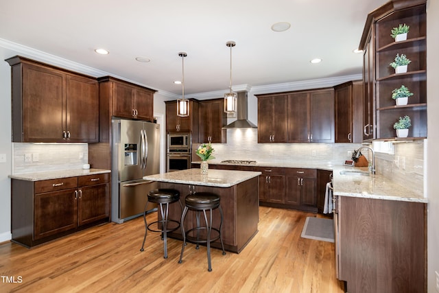 1820 Yates Wheel Way, Raleigh, NC 27606 - kitchen with appliances with stainless steel finishes, a sink, open shelves, a center island, and dark brown cabinetry
