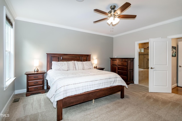 1820 Yates Wheel Way, Raleigh, NC 27606 - bedroom with ornamental molding, light carpet, baseboards, and a ceiling fan