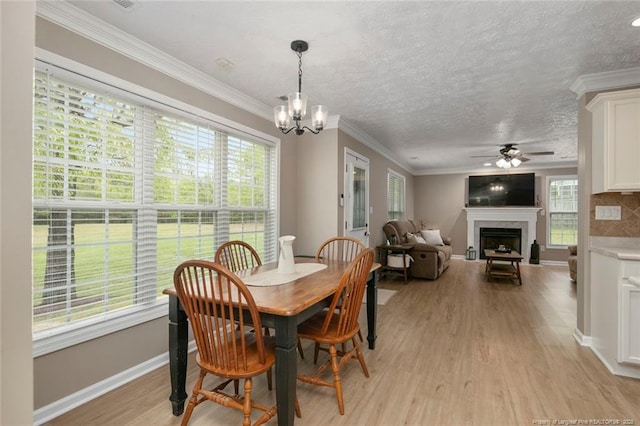 119 Woodbine Dr, Raeford, NC 28376 - dining space with a fireplace, ceiling fan, plenty of natural light, light wood-style flooring, and ornamental molding