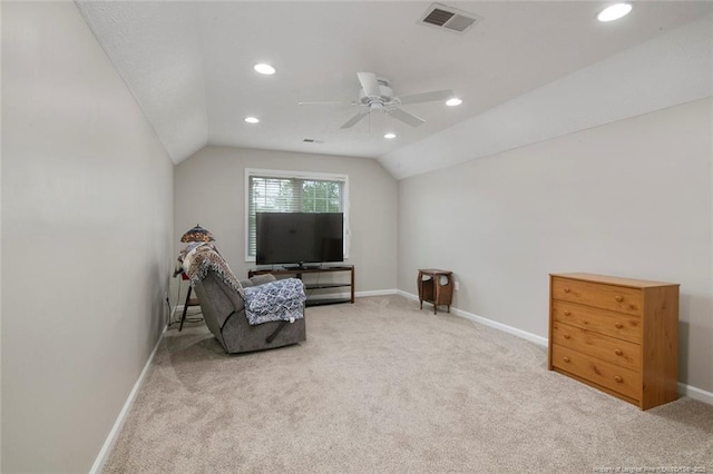 119 Woodbine Dr, Raeford, NC 28376 - sitting room with a ceiling fan, lofted ceiling, carpet flooring, recessed lighting, and baseboards