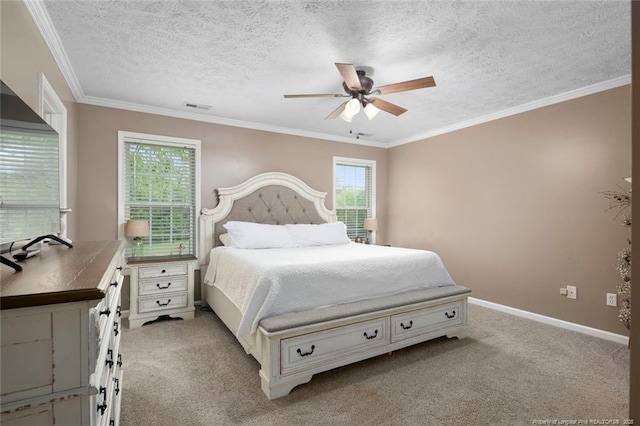 119 Woodbine Dr, Raeford, NC 28376 - bedroom featuring multiple windows, light colored carpet, ornamental molding, a textured ceiling, and baseboards