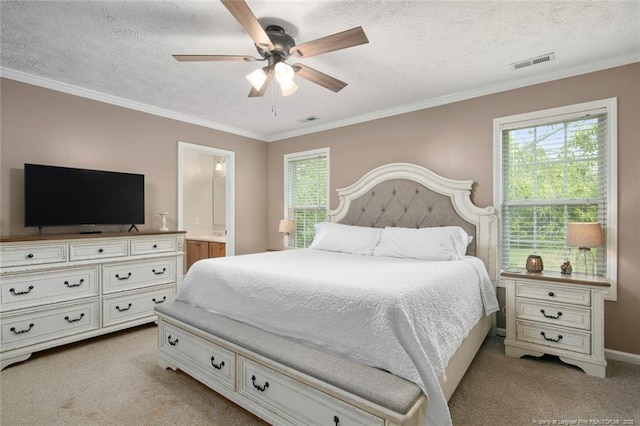119 Woodbine Dr, Raeford, NC 28376 - bedroom with light carpet, multiple windows, crown molding, a textured ceiling, and ensuite bathroom