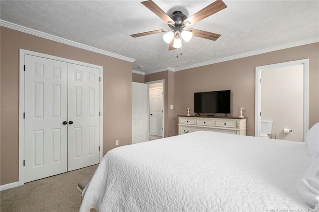 119 Woodbine Dr, Raeford, NC 28376 - bedroom featuring carpet, a closet, a ceiling fan, ornamental molding, and ensuite bathroom