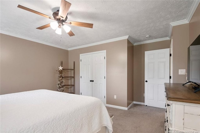 119 Woodbine Dr, Raeford, NC 28376 - bedroom featuring light carpet, baseboards, a textured ceiling, a closet, and ceiling fan