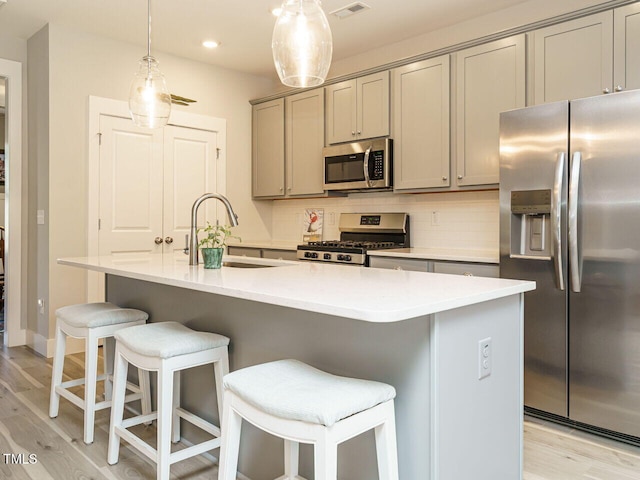 kitchen featuring gray cabinets, light wood-style flooring, backsplash, appliances with stainless steel finishes, and visible vents