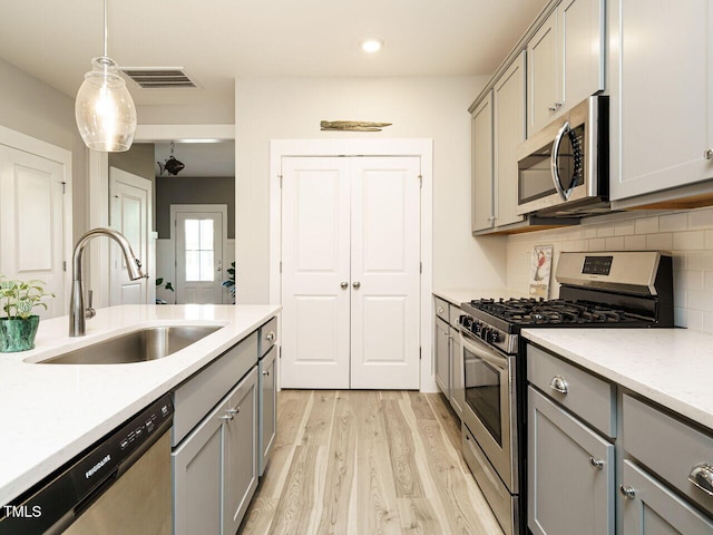 kitchen with visible vents, appliances with stainless steel finishes, gray cabinets, and a sink