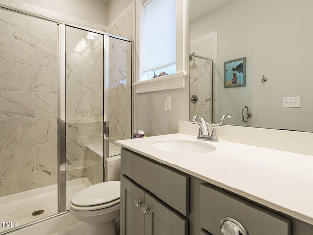 full bath with a shower stall, toilet, and vanity