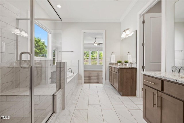 1513 Armscroft Ln, Apex, NC 27502 - full bathroom with vanity, ceiling fan, a shower stall, and a bath